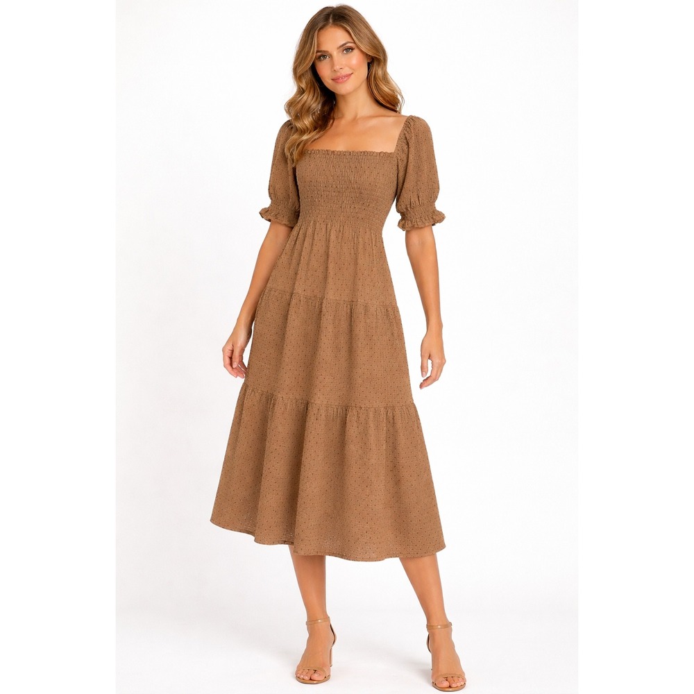 OPT Tiered Babydoll Midi Dress M Puff Sleeve Square Neck Smocked Polka Dot Gauze